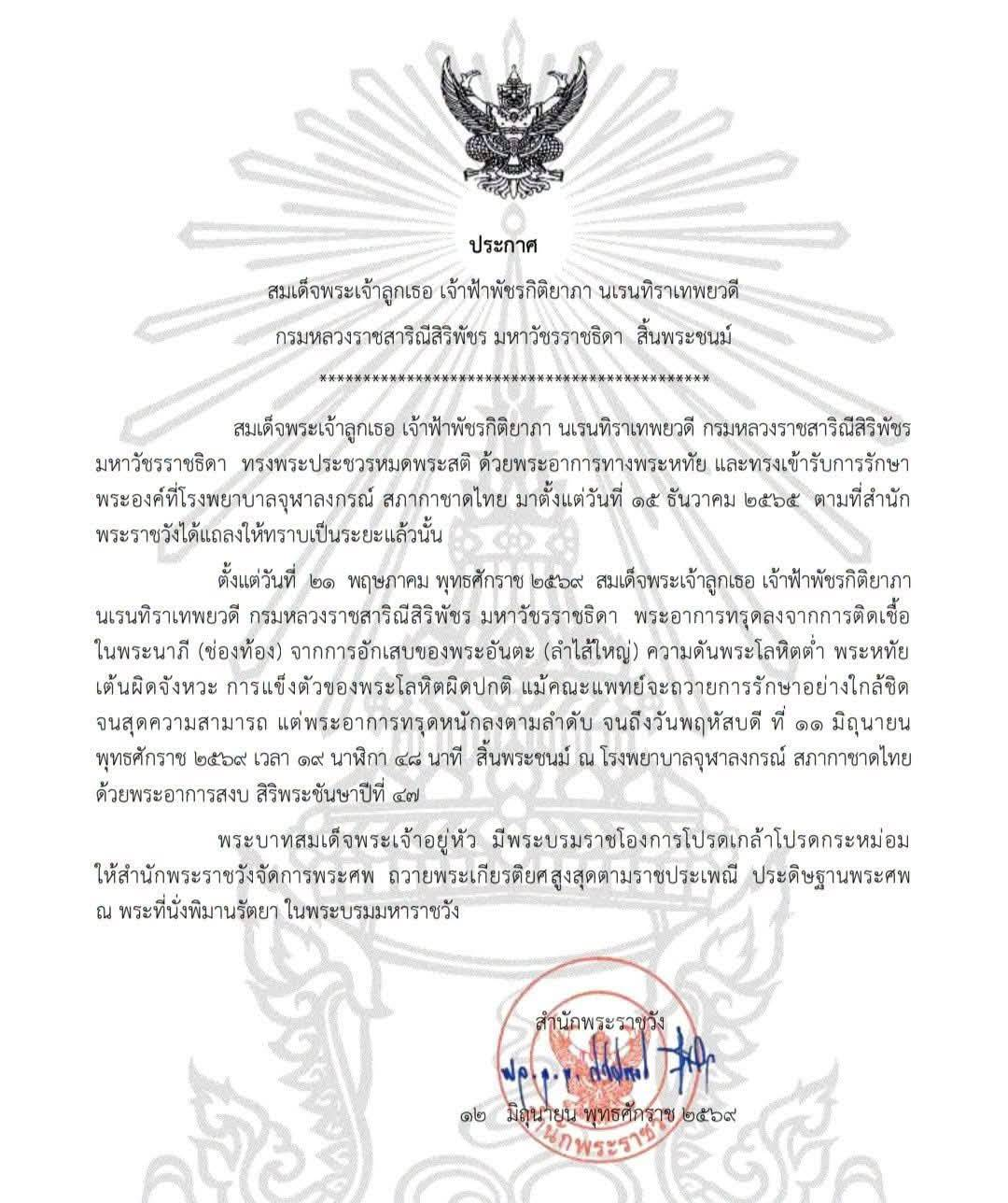 ประกาศ สมเด็จพระเจ้าลูกเธอ เจ้าฟ้าพัชรกิติยาภา นเรนทิราเทพยวดี กรมหลวงราชสาริณีสิริพัชร มหาวัชรราชธิดา สิ้นพระชนม์